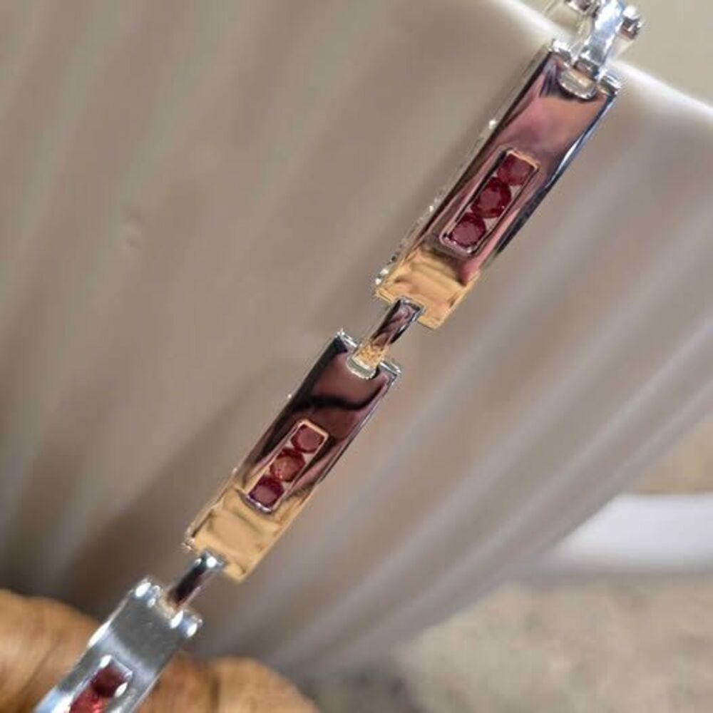 925 Silver 8.5" Orange Sapphire Link Bracelet.